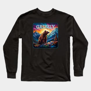Grizzly Bear Mountain Scene Sunset Mountains Long Sleeve T-Shirt